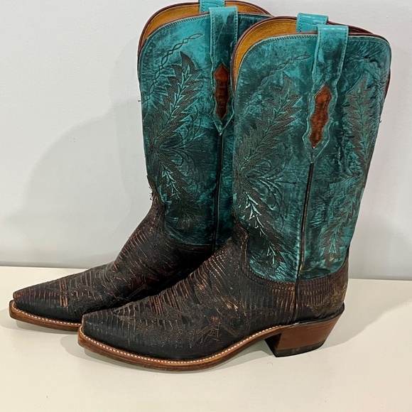 Lucchese 1883 Womens Western Boots - Teal and Brown Leather Size 8B - Picture 2 of 12